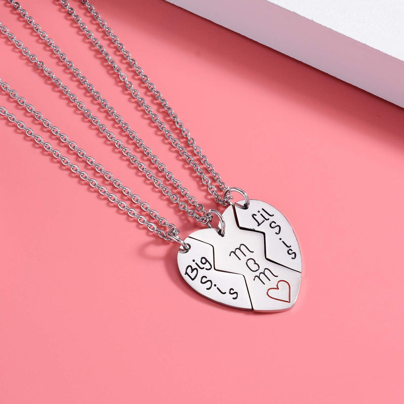 [Australia] - 3PCs Mother Daughters Mom Lil Sis Big Sis Matching Love Heart Pendant Necklace Set Gifts 