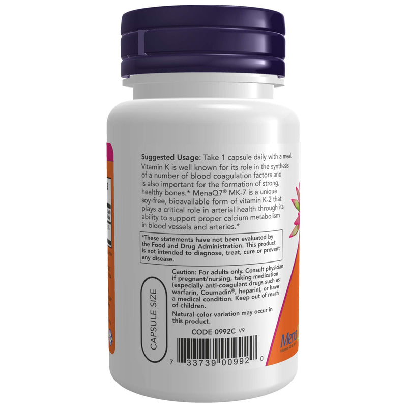 [Australia] - NOW Supplements, MK-7 Vitamin K-2 100 mcg, Cardiovascular Support*, Supports Bone Health*, 60 Veg Capsules 