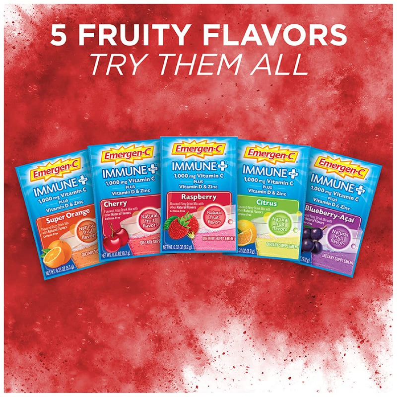 [Australia] - Emergen-C Immune+ 1000mg Vitamin C Powder, with Vitamin D, Zinc, Antioxidants and Electrolytes for Immunity, Immune Support Dietary Supplement, Raspberry Flavor - 30 Count/1 Month Supply 