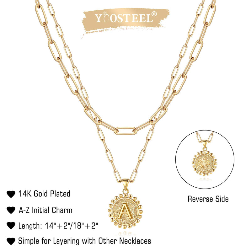 [Australia] - Yoosteel Gold Initial Necklaces for Women Girls, 14K Gold Plated Dainty Layering Paperclip Link Chain Necklace Personalized Coin Initial Layered Gold Necklaces for Women A 