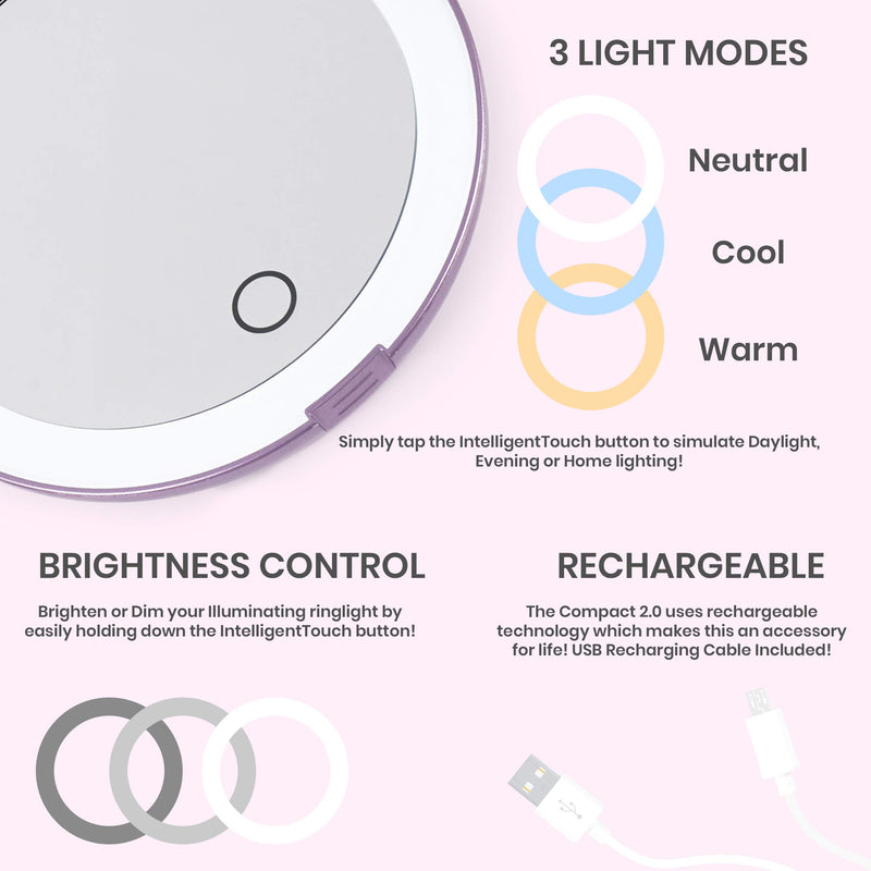 [Australia] - LUNA London LED Compact Mirror 2.0 | 7X Magnification, 3 Colour Lights, USB Rechargeable, Portable, Pocket, Lighted, Makeup Mirror | Perfect for Purse, Handbag & Travel Beauty Needs | Lavender 