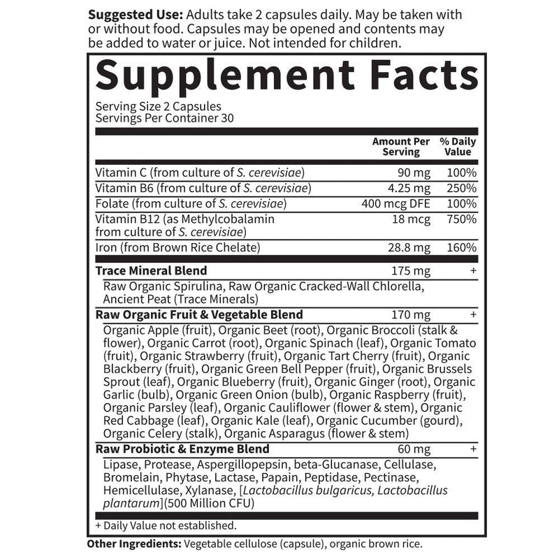 [Australia] - Garden of Life Vitamin Code Iron Supplement, Healthy Blood - 60 Vegan Capsules, 28g Iron, Vitamins B, C, Trace Minerals, Fruit Veggies, Probiotics - Iron Supplements for Women Energy, Anemia Support 