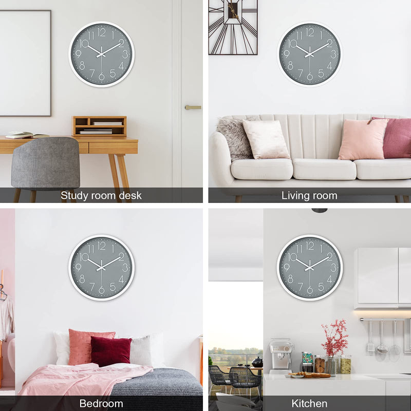 [Australia] - 12in Non-Ticking Wall Clock, JUSTUP Silent Battery Operated Wall Clock with ABS Frame HD Glass Cover for Kids Living Room Bedroom Kitchen School Office Decor (Gray) Gray 