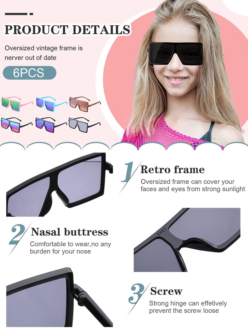 [Australia] - 6 Pieces Kids Oversized Sunglasses Flat Top Square Shades Sunglasses for Kids Classic Colors 