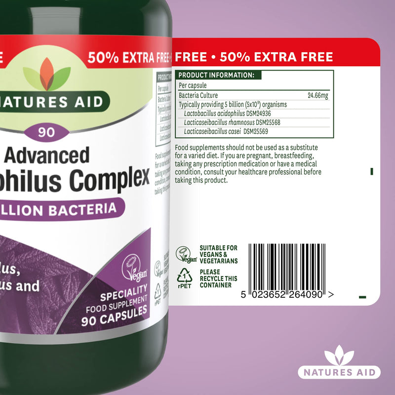 [Australia] - Natures Aid Acidophilus Complex, 5 Billion Bacteria, 180 Capsules (Lactobacillus Acidophilus, Lactobacillus Rhamnosus, Lactobacillus Casei, Good Bacteria, Shelf Stable, Vegan Society Approved) 