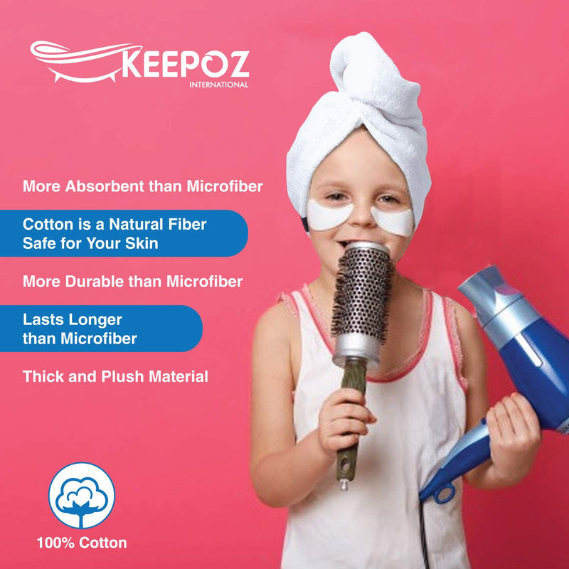 [Australia] - KEEPOZ Hair Towel Wrap Quick Dry 100% Cotton Super Absorbent Turban Head Wrap for Women with Button, Anti Frizz Hair Products, Hair Cap for Curly, Long & Thick Hair (1Pc)(White) White 