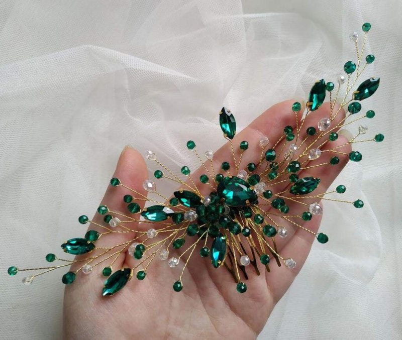 [Australia] - BERYUAN Women Gold Headpiece Teardrop Emerald Green Crystal Hair Vine Comb Wedding Hair Accessory Rhinestone Hair Piece Gift for Her Party Headress for Bride Bridesmaid Girls(Gold) 