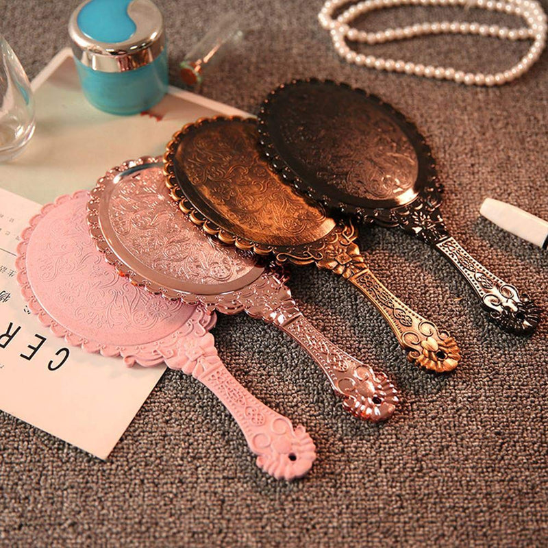 [Australia] - AKOAK 1 Pack Creative Retro Pattern Handle Makeup Mirror Portable Carry-on Lace Mirror Hand-held Mirror Makeup Tool (Rose Gold) Rose Gold 
