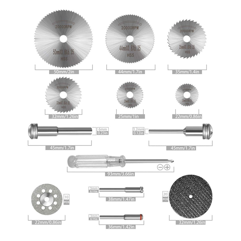 [Australia] - Cutting Wheel Set 36pcs for Rotary Tool, HSS Circular Saw Blades 6pcs, Resin Cutting Discs 20pcs, 545 Diamond Cutting Wheels 10psc with 2 Screwdrivers 