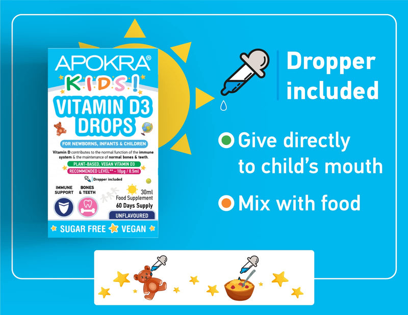 [Australia] - Vitamin D Drops Baby & Kids - Vegan - 60 Days Supply � 30mL � Preservative Free and Sugar Free Kids Vitamins - VIT D 400IU in MCT Oil - 10 micrograms per 0.5mL | APOKRA Kids 