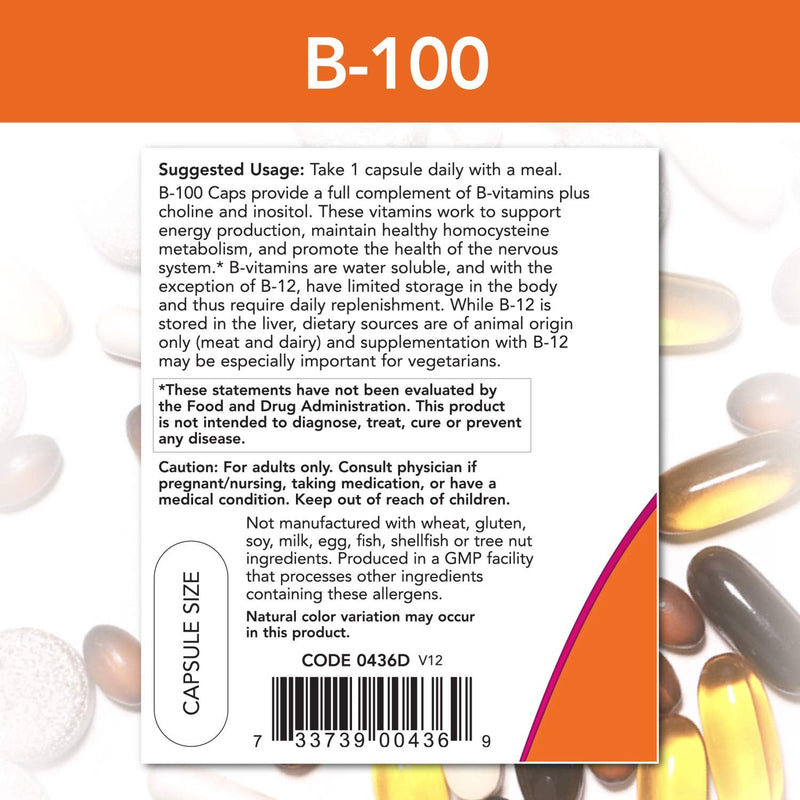 [Australia] - NOW Supplements, Vitamin B-100, Energy Production*, Nervous System Health*, 100 Veg Capsules 100 Count (Pack of 1) 