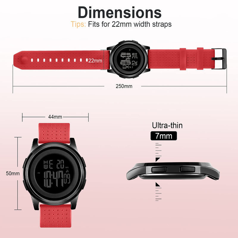 [Australia] - YUINK Mens Watch Ultra-Thin Digital Sports Watch Waterproof Stainless Steel Fashion Wrist Watch for Men Women Red 