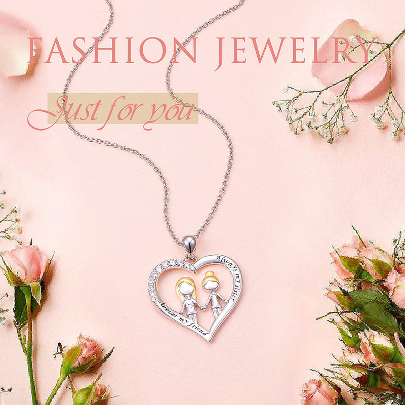 [Australia] - S925 Sterling Silver Sister Heart Necklace Pendant for Women Teen Girl Best Friend BFF Always My Sister Forever My Friend 2 