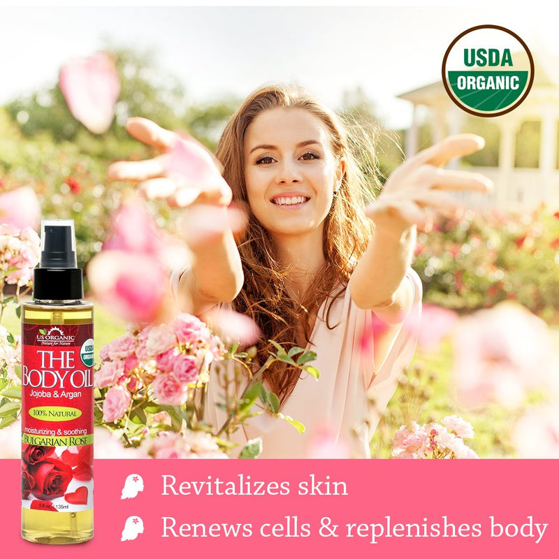 [Australia] - US Organic Body Oil - Romantic Sexy Bulgarian Rose- Jojoba and Argan Oil with Vitamin E, USDA Certified Organic, No Alcohol, Paraben, Artificial Detergents, Color or Synthetic perfumes, 5 Fl.oz. 