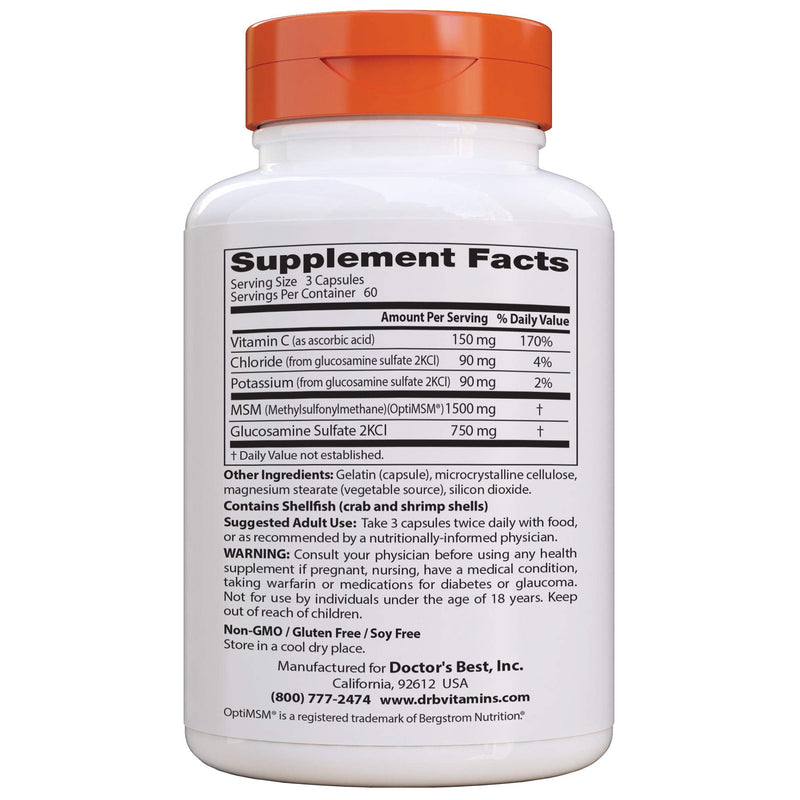 [Australia] - Doctor's Best Synergistic Glucosamine MSM with OptiMSM, Non-GMO, Gluten Free, Soy Free, Joint Support, 180 Caps (DRB-00070) 