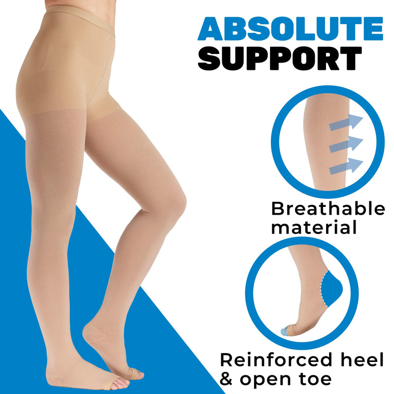[Australia] - ABSOLUTE SUPPORT - Opaque Compression Stockings Pantyhose Women 20-30mmHg for Circulation - Firm Graduated Support Hose for Ladies - High Waist Tights - Beige, Large 
