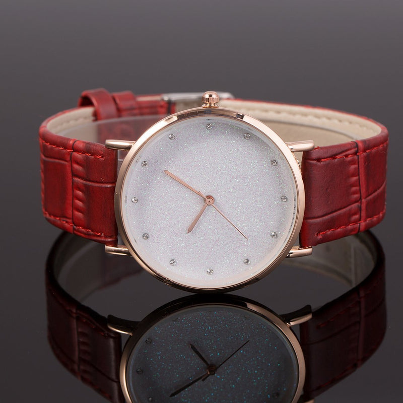 [Australia] - Wrist Watch Minimalist Women Lady Crystal SIBOSUN Galaxy Dial Quartz Fashion Leather Strap Red 