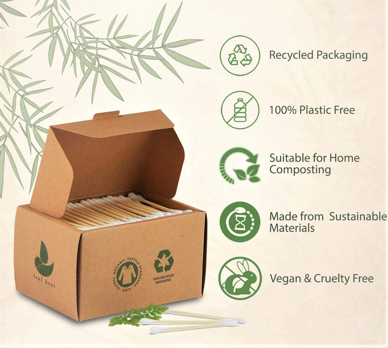 [Australia] - LEAF BOAT Bamboo Cotton Buds | Cotton Buds for Ears, makeup cleaning, etc. | GOTS Certified Biodegradable, Eco-Friendly and Plastic Free | Vegan | Recycled Packaging | (Pack of 1 Box, 300 Buds) 