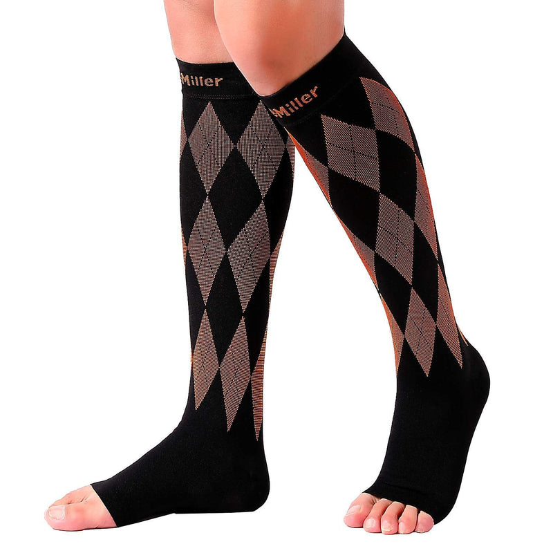 [Australia] - Doc Miller Open Toe Compression Socks Women 20-30mmHg, 1 Pair Toeless Socks for Women and Men - Argyle Design Large Black.orange Open Toe 