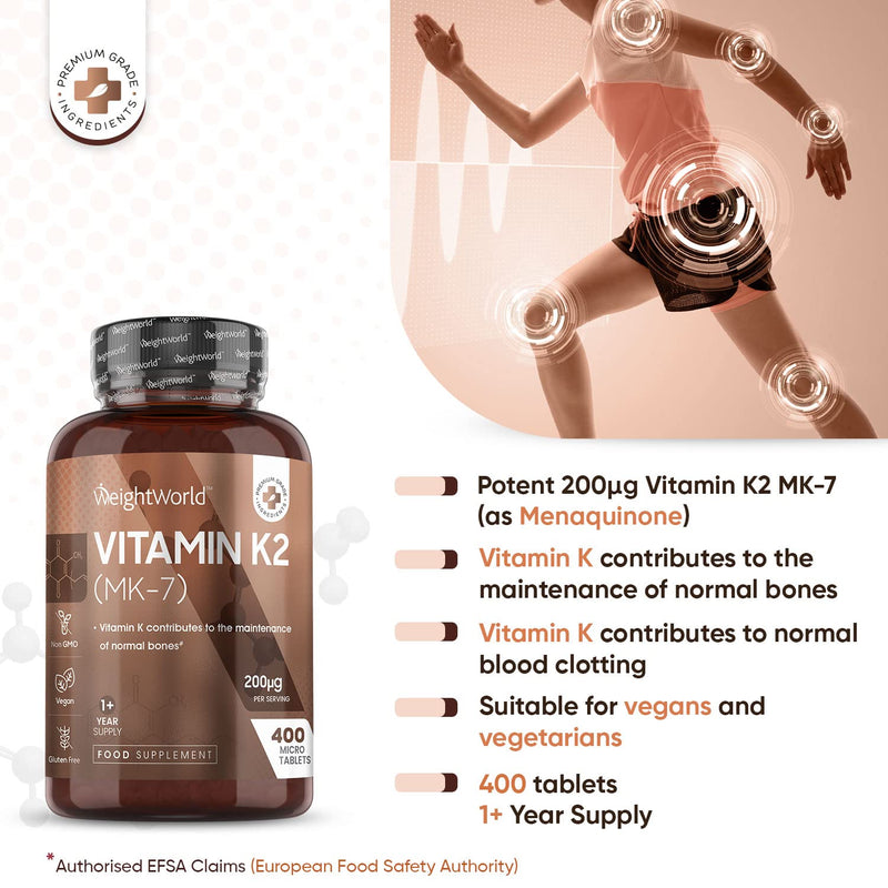 [Australia] - Vitamin K2 MK7 200mcg - 400 Vegan K2 Vitamin Tablets (Not Vitamin K2 Capsules) 400 Days Supply - High Strength VIT K Supplement as Menaquinone - Gluten-Free VIT K2 Bone Supplement 