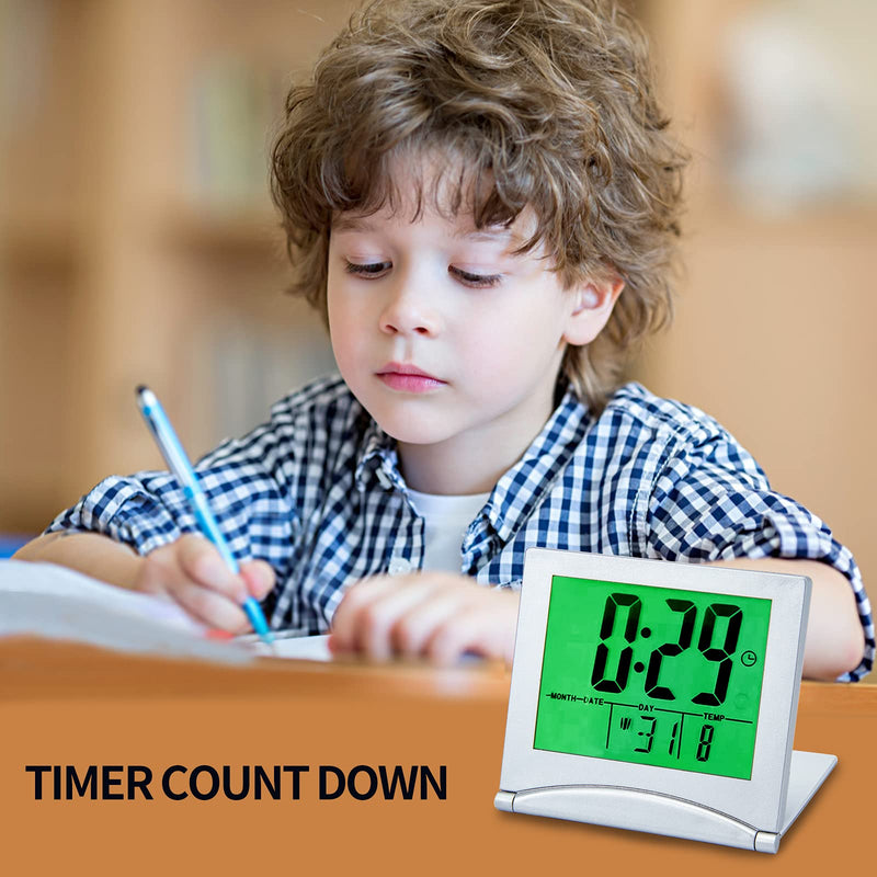 [Australia] - KANBIT Small Digital Travel Alarm Clock Battery Operated, Portable LCD Large Display Alarm Clock with Backlight, Temperature Desk Clock -Silver(Green Light) 