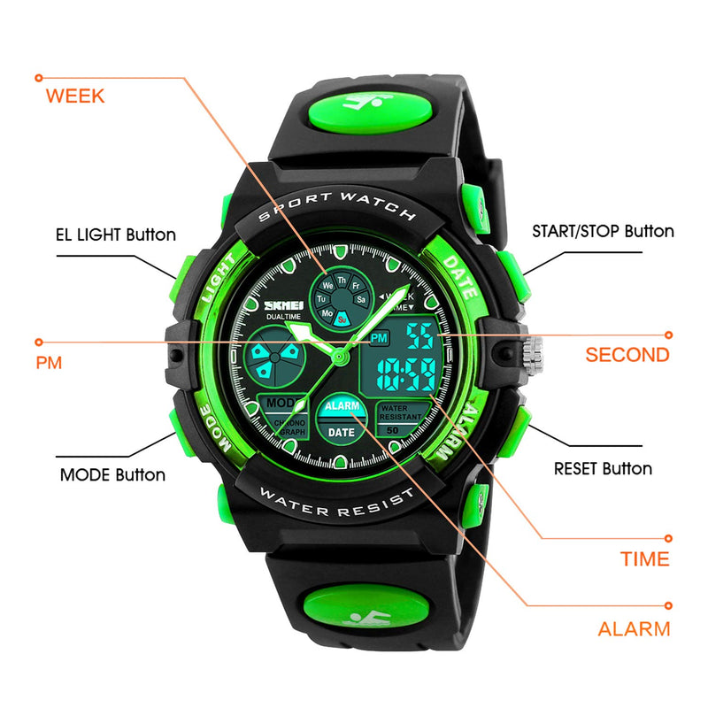 [Australia] - Kid's Digital Watch LED Outdoor Sports 50M Waterproof Watches Boys Children's Analog Quartz Wristwatch with Alarm - Green 