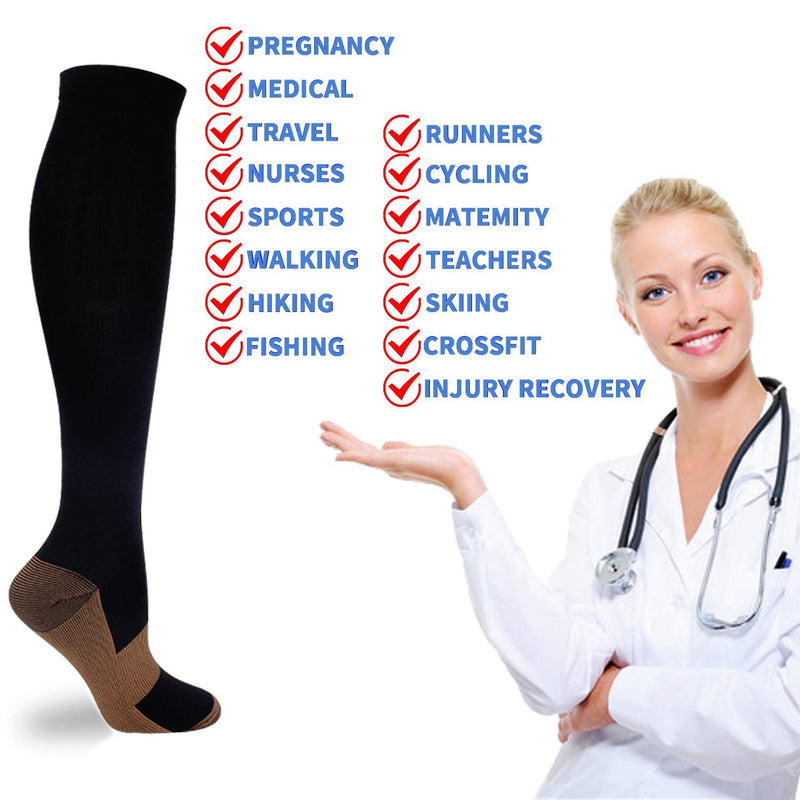 [Australia] - 7 Pairs Copper Compression Socks for Men Women 20-30 mmHg Knee High Stockings Black Large/X-Large (7 Pair) 
