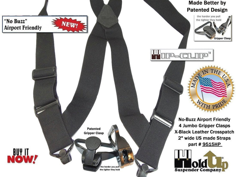 [Australia] - Airport Friendly Holdup Brand No-buzz Black 2" wide Hip Clip Suspenders with patented Jumbo Composite Plastic Gripper Clasps 