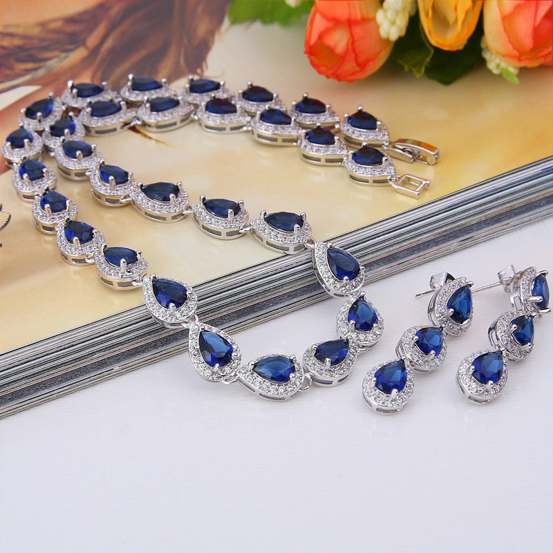 [Australia] - EVER FAITH Women's Full CZ Elegant Teardrop Necklace Earrings Set Silver-Tone Blue 