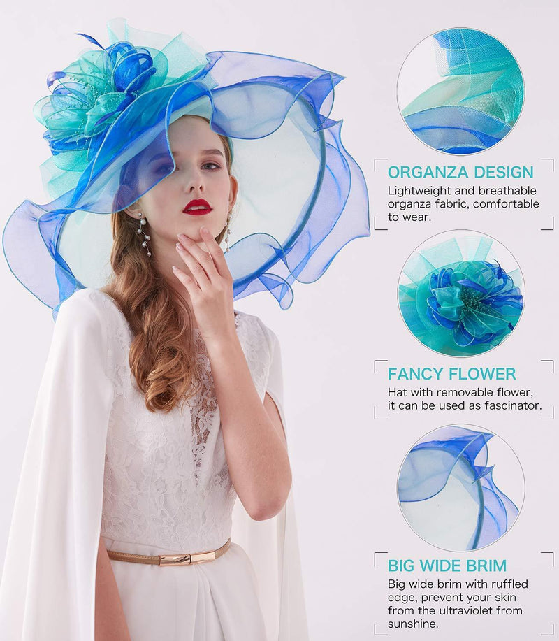 [Australia] - Z&X Women's Organza Fascinators Kentucky Derby Hat Wide Brim Bridal Wedding Caps #B Green and Blue 