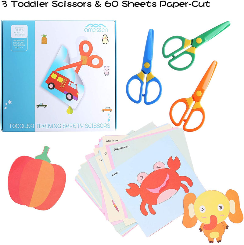 [Australia] - Plastic Safety Scissors, Toddlers Training Scissors, Pre-School Training Scissors and Offices Scissors (3pcs) Kids Paper-Cut (60 Sheets) 