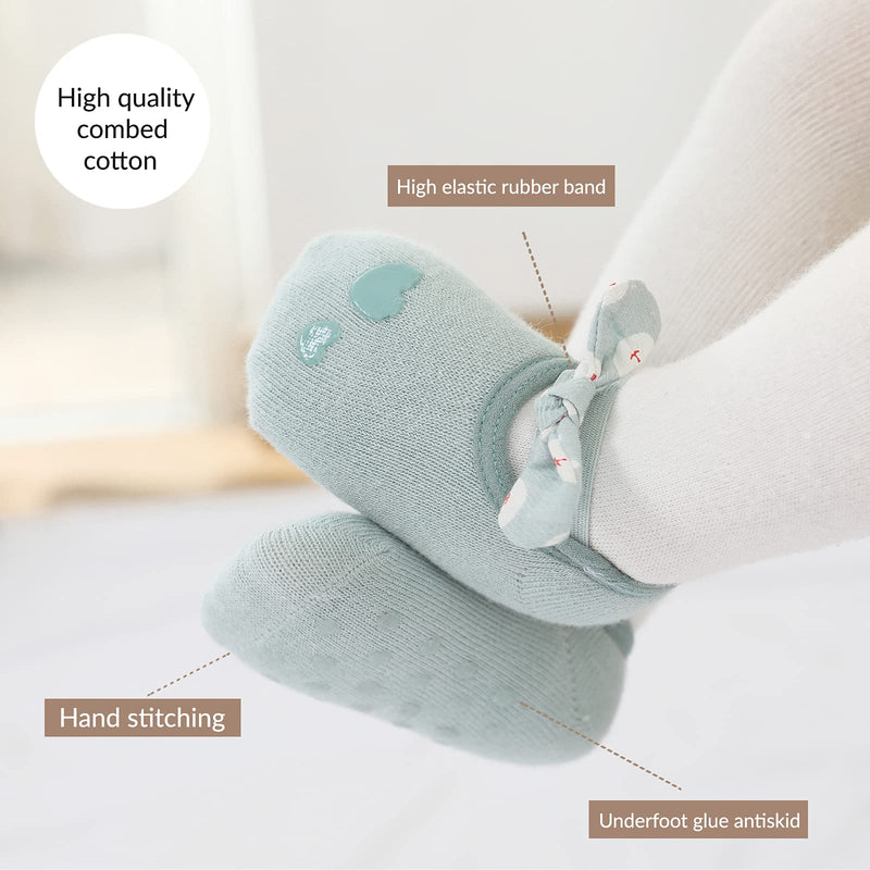 [Australia] - Baby Non Slip Floor Slipper Socks with Bow for Girls Newborn Infants Toddlers Kids Ruffles Princess Green 6-12 Months 