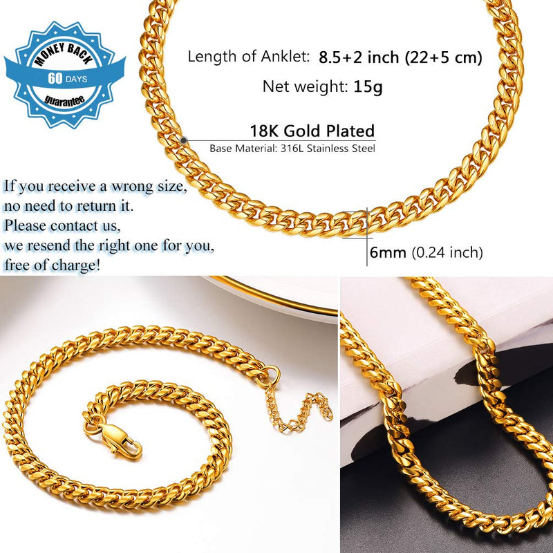 [Australia] - PROSTEEL Stainless Steel Chain Anklets for Men Women, Silver/Gold Tone, Ankle Bracelets Hypoallergenic, 8-10.5 Inch Adjustable, Come Gift Box A: gold-thick cuban chain-6mm 