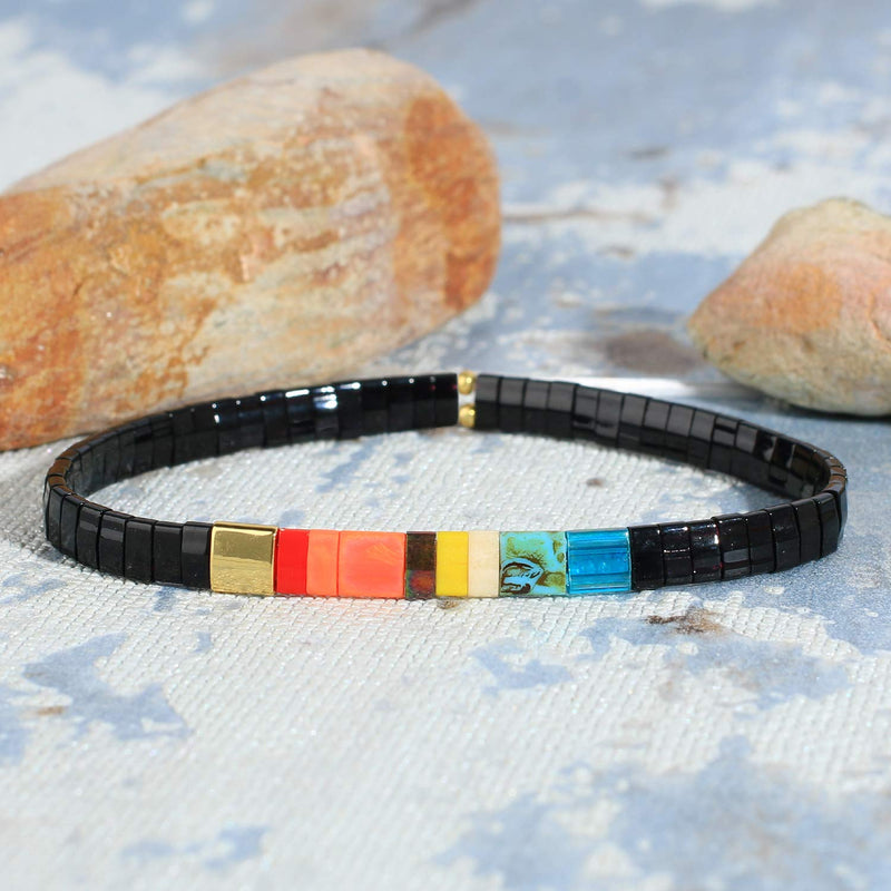 [Australia] - KELITCH New 2021 Miyuki Tila Beads Bracelets Colorful Strand Stretch Bracelets Stackable Friendship Bracelets Black 11B 