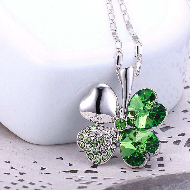 [Australia] - Four Leaf Clover Necklace - Green St.Patrick's Day Shamrock Jewelry - Good Luck - Green Clover Necklace, Earrings, Bracelet, Brooch - Crystals and Rhinestones - Mall of Style Silver Necklace 