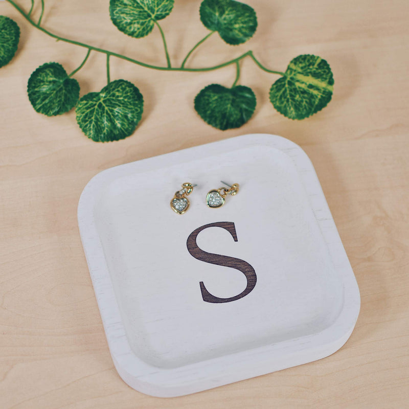 [Australia] - Solid Wood Personalized Initial Letter Jewelry Display Tray Decorative Trinket Dish Gifts For Rings Earrings Necklaces Bracelet Watch Holder (6"x6" Sq White "S") 6"x6" Sq White "S" 