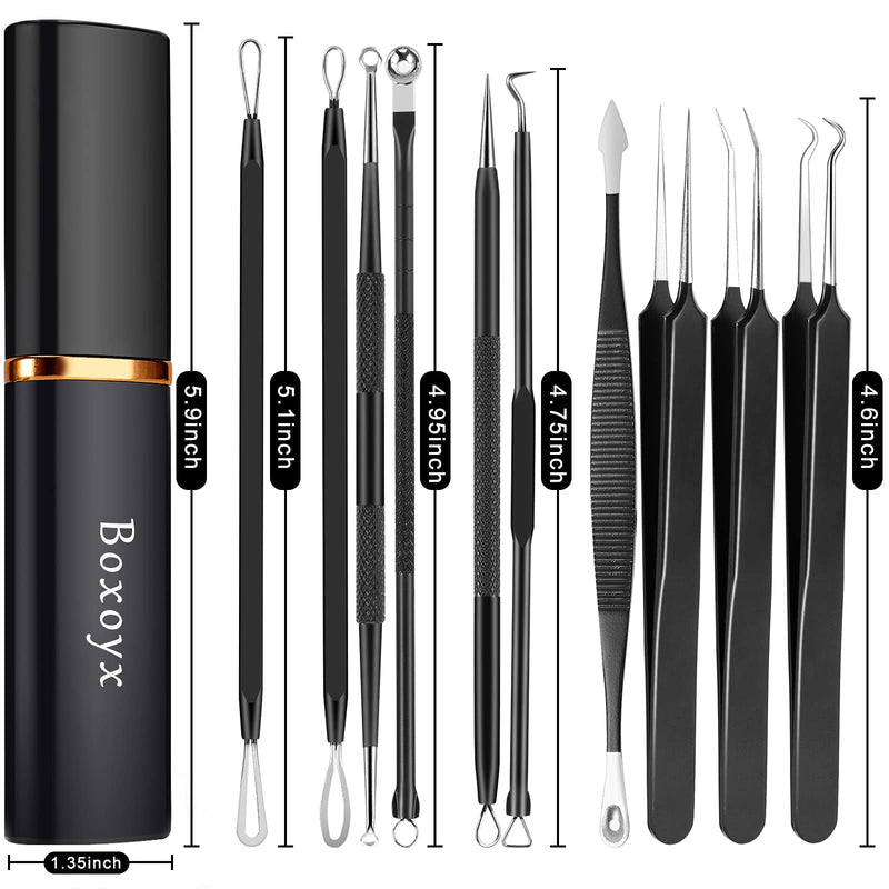 [Australia] - Boxoyx Pimple Popper Tool Kit - 10Pcs Blackhead Remover Comedone Extractor Tool Kit with Metal Case for Quick and Easy Removal of Pimples, Blackheads, Zit Removing, Forehead, Facial and Nose(Black) 