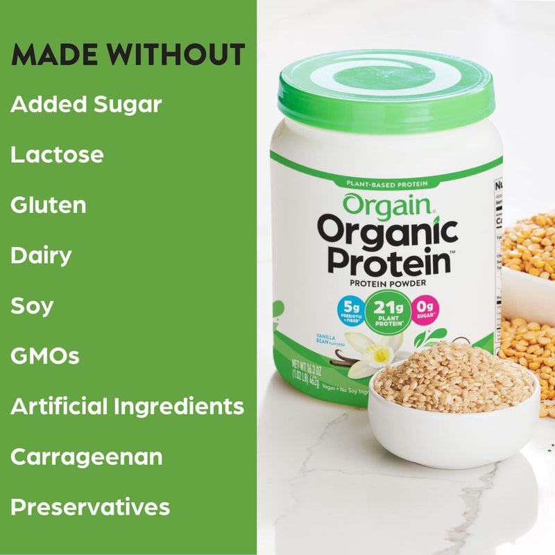 [Australia] - Orgain Organic Vegan Protein Powder, Vanilla Bean - 21g of Plant Based Protein, Low Net Carbs, Non Dairy, Gluten Free, Lactose Free, No Sugar Added, Soy Free, Kosher, 1.02 Pound (Packaging May Vary) 