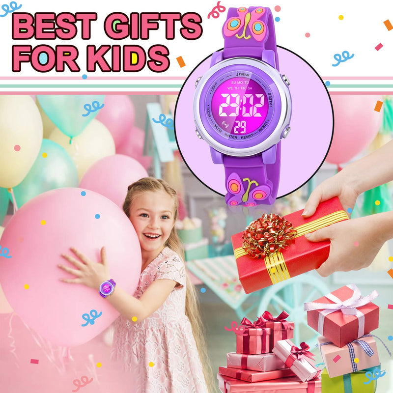 [Australia] - Viposoon Kids Watches, 3D Cartoon Waterproof Watch with 7 Color Lights Alarm Stopwatch Suitable for 3-10 Year Boys Girls - Best Gift Butterfly Purple 