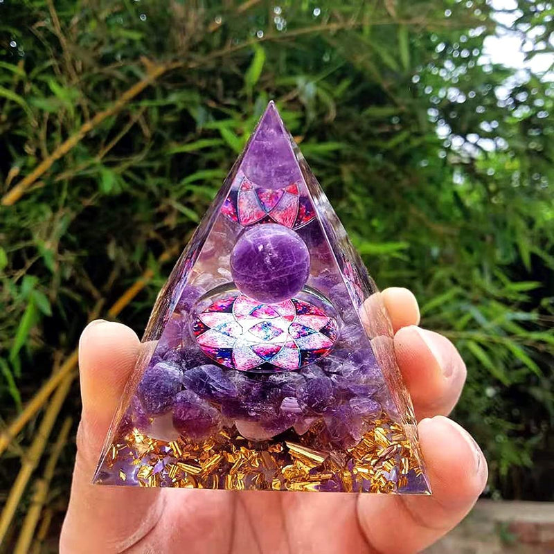 [Australia] - Moonstone Crystal Orgone Pyramid Ogan Crystal Energy Tower Nature Reiki Chakra Crushed Stone Jewelry Flower of Life Crystal Orgonite Pyramid Healing 6cm Violet 