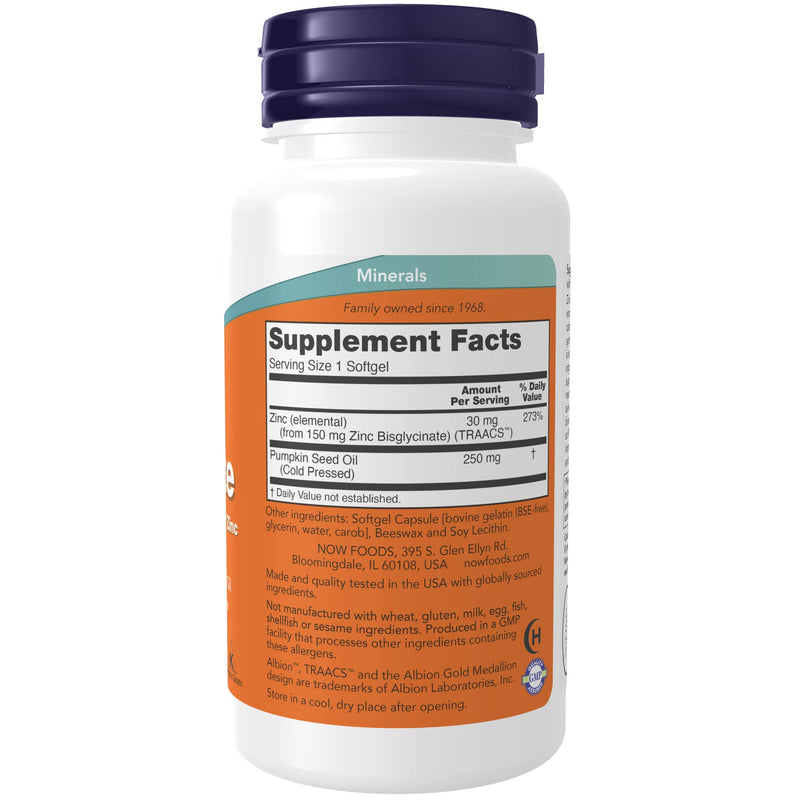 [Australia] - NOW Supplements, Zinc Glycinate with 250 mg Pumpkin Seed Oil, Supports Prostate Health*, 120 Softgels (Packaging May Vary) 