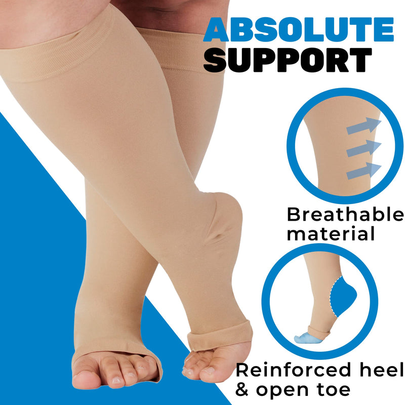 [Australia] - 2XL-7XL Plus Size Big and Tall Compression Socks 20-30mmHg - Wide Calf Open Toe 4X-Large Beige 