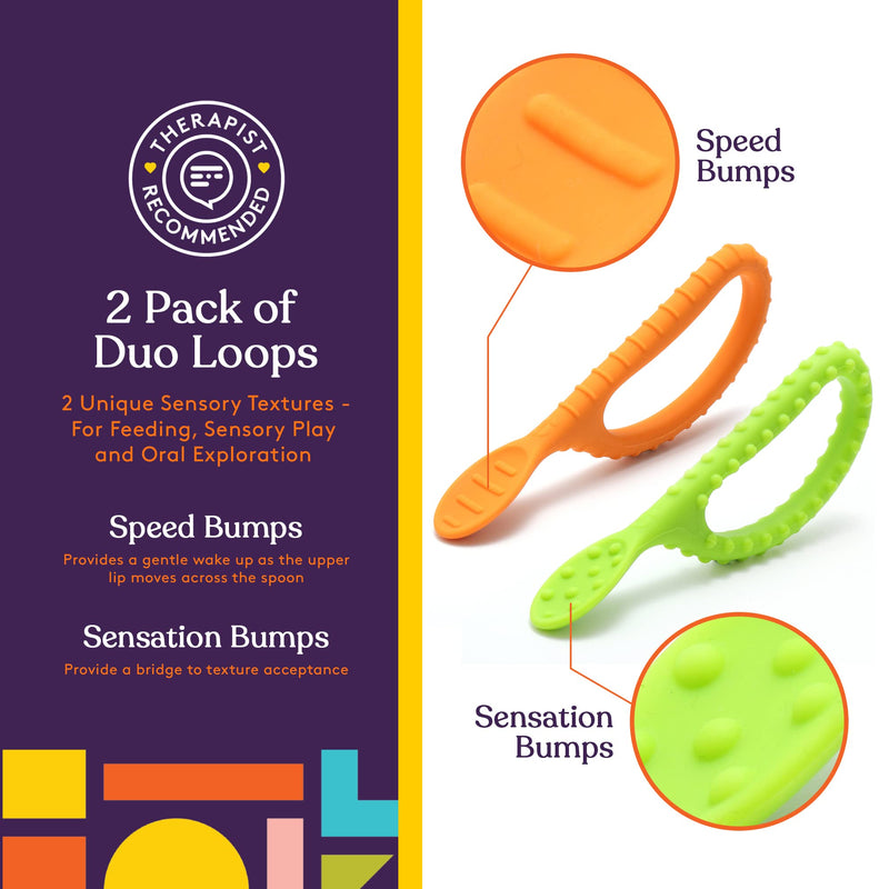 [Australia] - Special Supplies Duo Spoon Loops Oral Motor Therapy Tools, 2 Pack, Textured Stimulation and Sensory Input Treatment for Babies, Toddlers or Kids, BPA Free Silicone with Flexible, Easy Handle Green + Orange 