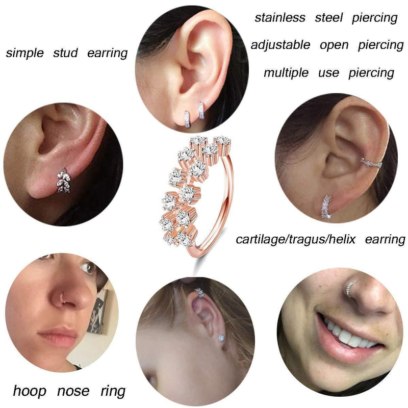 [Australia] - MILACOLATO 6PCS Stainless Steel Nose Hoop Rings Paved CZ Crawler Hoop Earrings Leaf Flowers Lip Helix Cartilage Earring Piercing for Women Silver Tone 