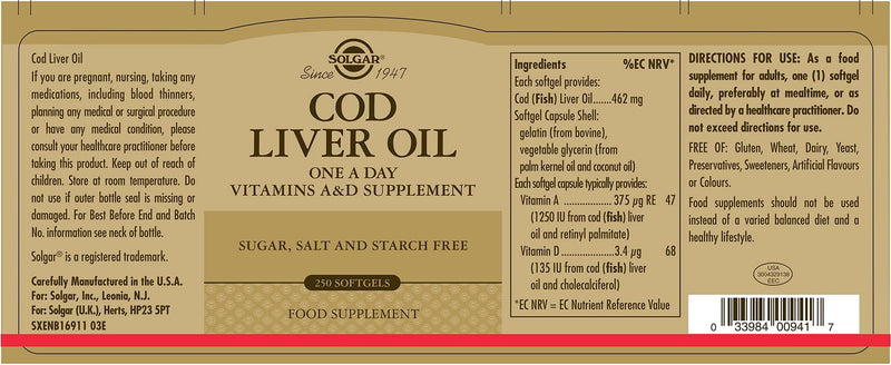 [Australia] - Solgar Cod Liver Oil Softgels - Pack of 250 - Premium Blend of Essential Fatty Acid - With Vitamins A & D - Supports brain, vision and heart health - Immunity Support - Gluten Free 