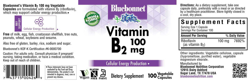 [Australia] - Bluebonnet Nutrition Vitamin B2 100 mg, For Cardiovascular and Nervous System Health, Soy-Free, Gluten-Free, Kosher Certified, Dairy-Free, Vegan, Non-GMO, 100 Vegetable Capsules, 100 Servings 
