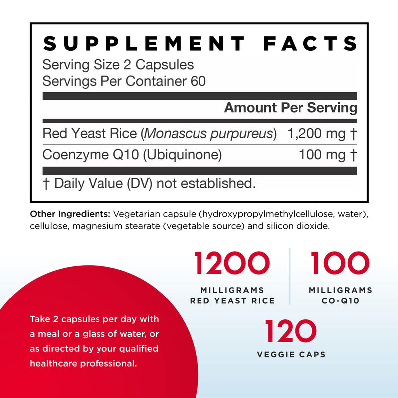 [Australia] - Jarrow Formulas Red Yeast Rice - 120 Veggie Caps - Includes 100 mg Co-Q10 Per Serving - Supports Heart & Cardiovascular Health - 60 Servings 