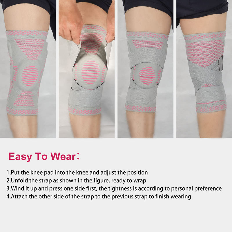 [Australia] - Knee Brace Compression Sleeve with Strap Support -for Joint Pain and Arthritis Relief, Improved Circulation Compression for Meniscus Tear, Running, Basketball for Men & Women - Wear Anywhere - Single Medium grey/pink 