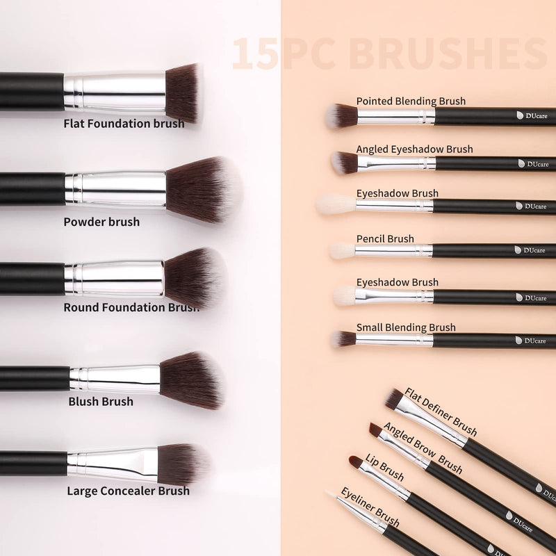 [Australia] - DUcare Travel Makeup Brushes 15pcs Professional Cosmetic Brushes Foundation Powder Contour Blush Eye Brush Gift Sets With Luxury Cosmetic Bag for Journey Carry black 