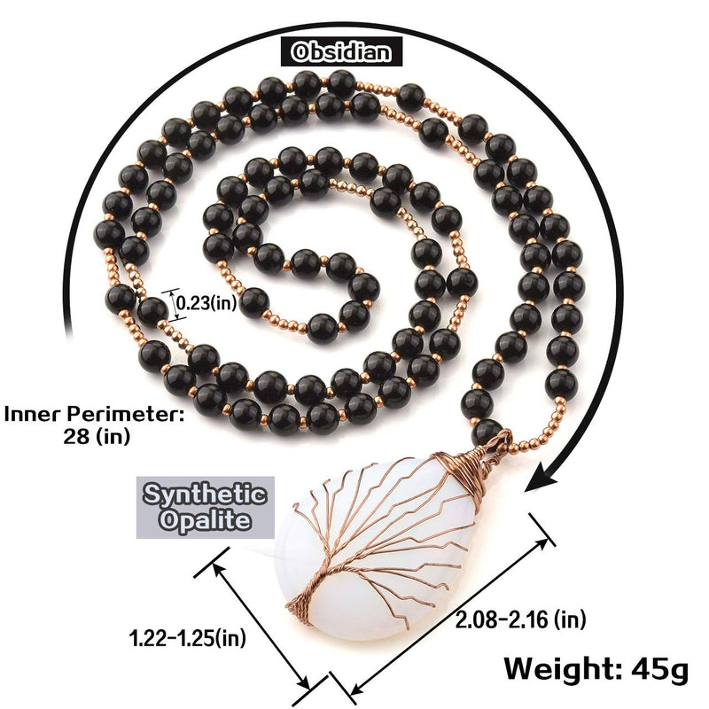 [Australia] - Jovivi Natural Amethyst Quartz Healing Crystals Necklace Wire Wrapped Teardrop Tree of Life Chakra Gemstone Pendant 28" Mala Beads Chain Man-made Opalite 